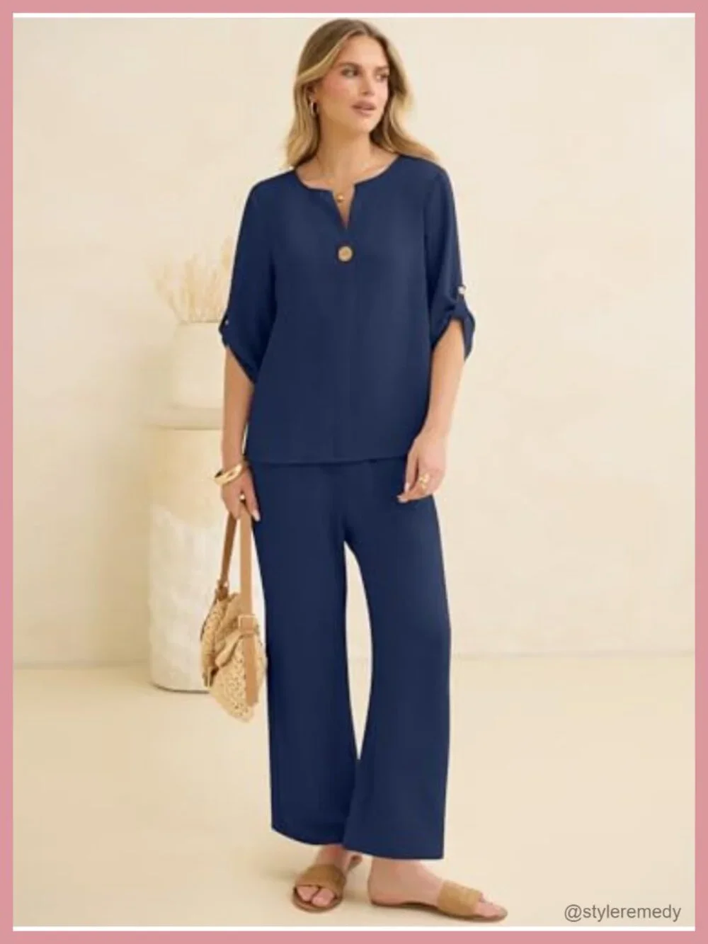 Women's 2 Piece Lounge Sets 3/4 Sleeve V Neck Shirt Wide Leg Pants Matching Set
